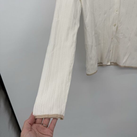Theory Open Knit White & Tan Cardigan Top Preppy Designer Size Medium - Picture 2 of 10